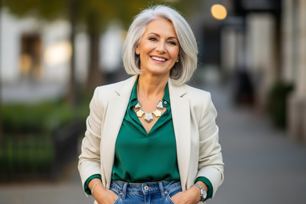 happy middle aged woman in a blazer