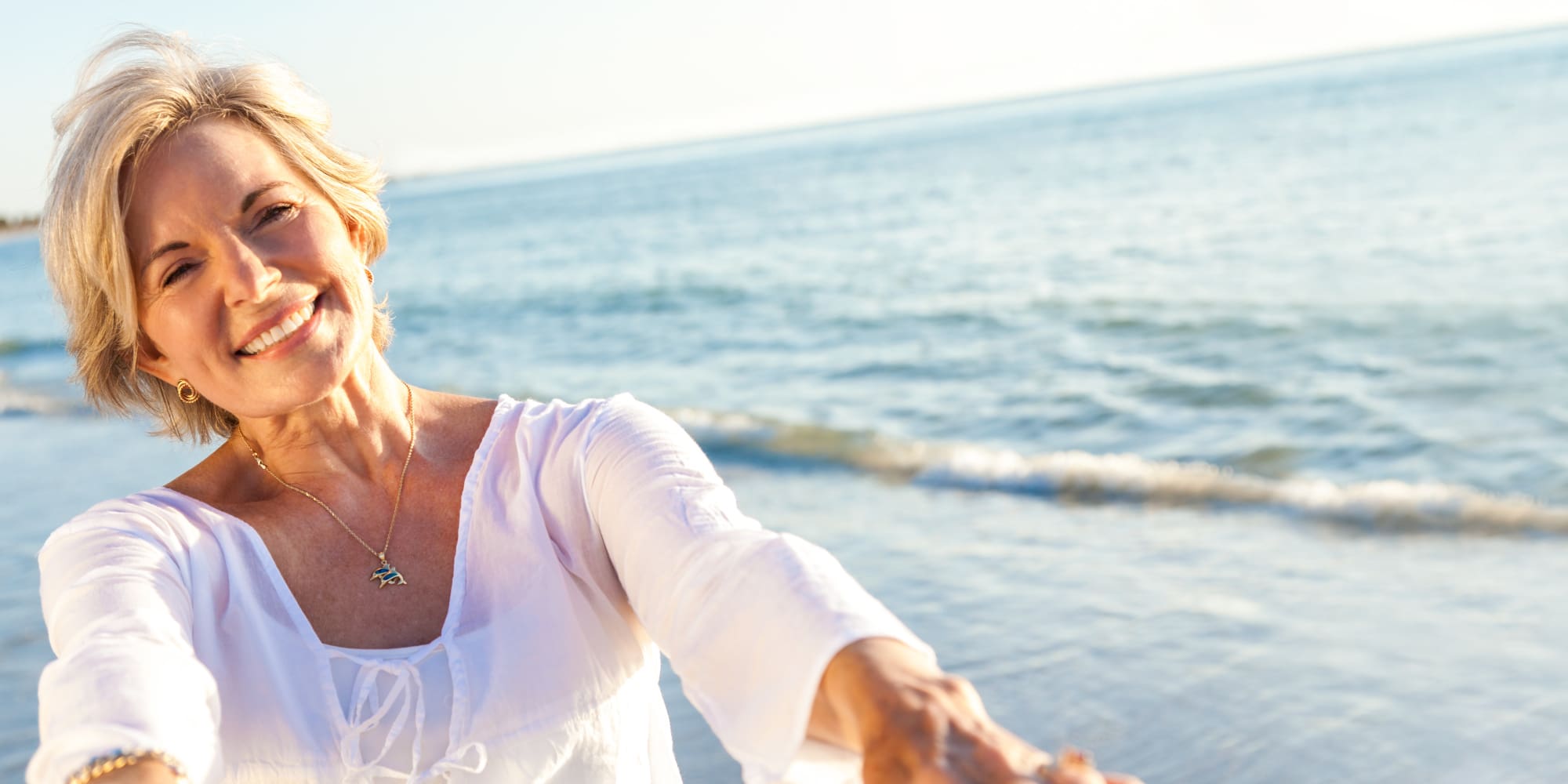Happy Senior Woman Dancing Tropical Beach Panorama