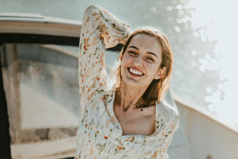 woman in floral shirt
